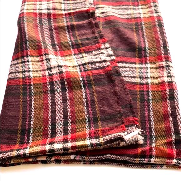 Blanket scarf square unisex red tan brown plaid easy care acrylic fringed - Picture 1 of 3